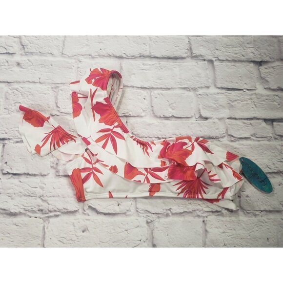 Mynah Women's White Orange Pink Floral Ruffle One Shoulder Swimsuit Bikini Top S - Picture 1 of 3